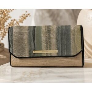 Brahmin Trifold Wallet Metallic Champagne Lizard Embossed Striped Calf Hair
